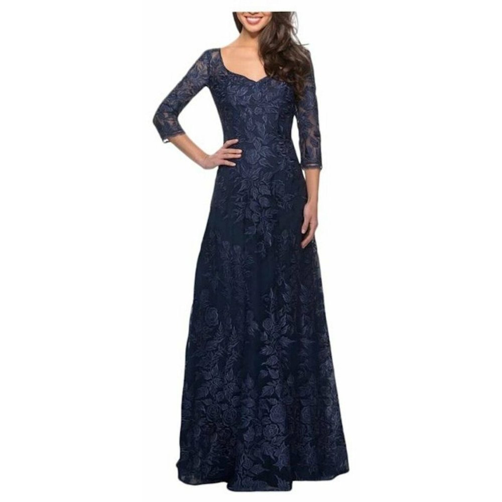 La Femme Women's Size 16 Blue Embroidered Lace Sequin Mesh A-Line Gown, Dress,